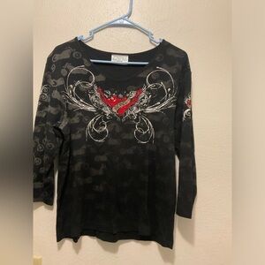 Graphic rebel three-quarter sleeve top. Goth shirt, rocker shirt